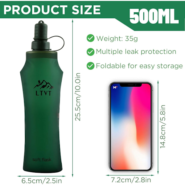 Pehmeä juomapullo, TPU-pehmeä juomapullo, BPA-vapaa pullon runko, juomapullo urheilureppuun, 500 ml (vihreä)