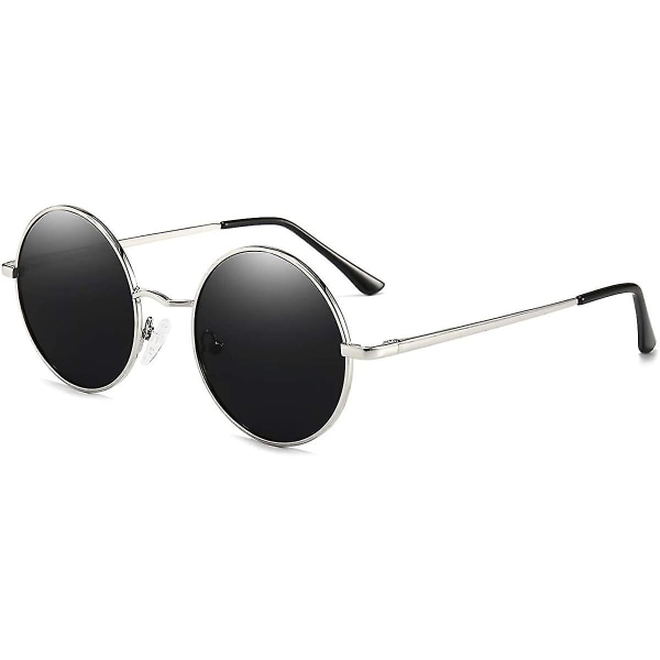 Vintage runde John Lennon polariserede solbriller til mænd Kvinder Circle Hippie Solbriller Black Lens-silver Frame