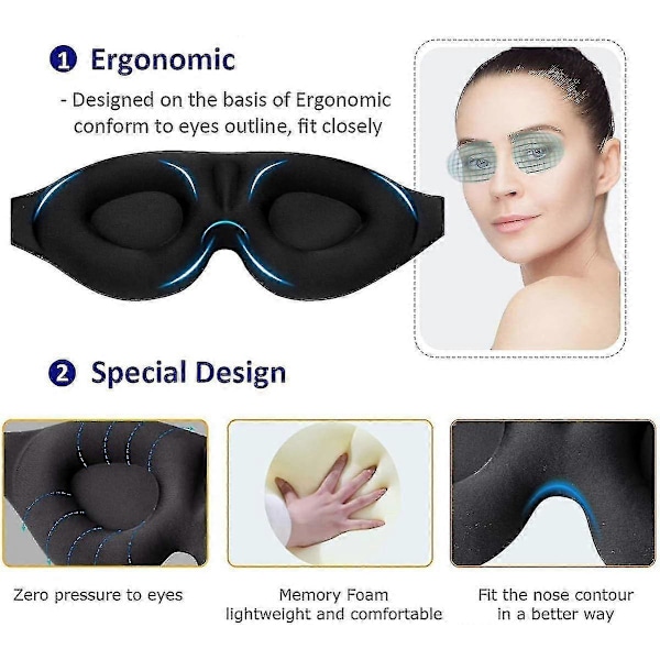 Sovmask för Män Kvinnor, 3D Konturformad Kupol Sovmask Ögonbindel, Konkav Formgjuten Nattsömnmask, Stänger Ute Ljus, Mjuk Bekväm Ögonskugga Black