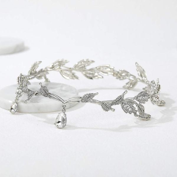 Rhinestone Leaf Bryllupskrone pannebånd for bruder, krystall hengende tiara pannebånd til bryllupsball fødselsdag, sølv