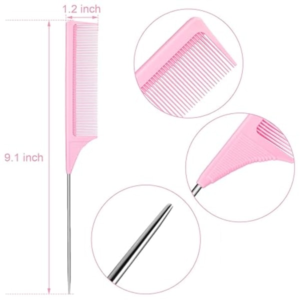 3-pack Råttsvanskam Stålpinne Råttsvans Kolfiber Värmebeständiga Tuperingskammar med Rostfri Stålpigg (Rosa)