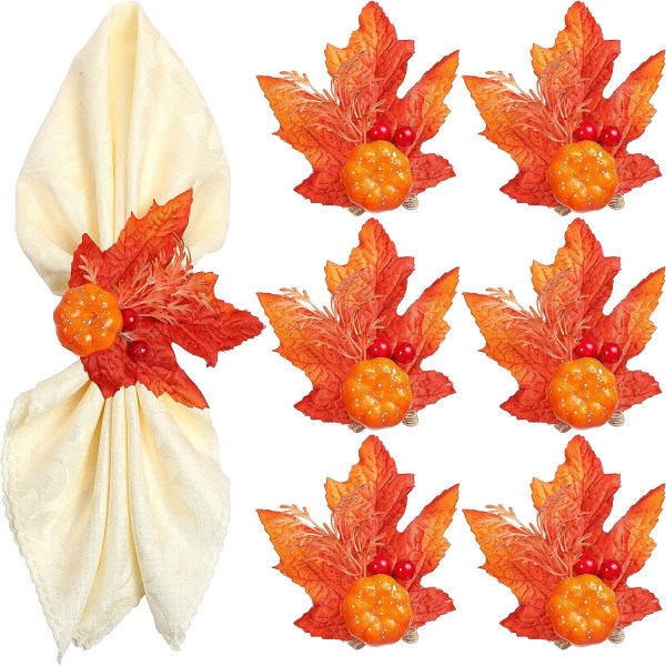 6 Pieces Thanksgiving Pumpkin Napkin Rings for Autumn Fall Leaves Decoration Supplies (Fresh Style) Fresh Style