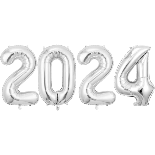 2024 Nytårsballoner, 40 tommer Nummerballoner - Æstetiske Kæmpe Universal 2024 Nytårsballoner Til Festartikler (Sølv)