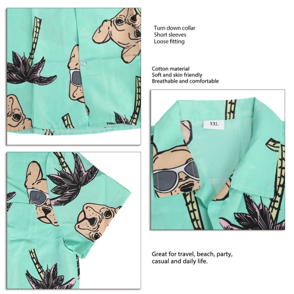JFJC Kortärmad tröja för män Coconut Tree Printing Turn Down Krage Knäppning Casual Blus Grön XXL