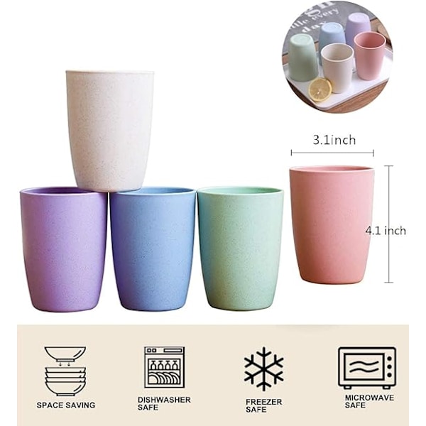 Miljövänlig Okrossbar Återanvändbar Drickskopp för Vuxna (35 cl), Vetestråglas Hälsosam Tumbler Set 5-Multifärgad, Diskmaskinsäker