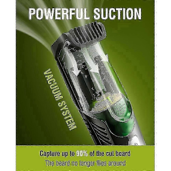 Skjeggtrimmer med vakuum, oppladbar mustasjetrimmer med justerbar lengdekamb (1-20 mm), IPX6 vanntett trimmer
