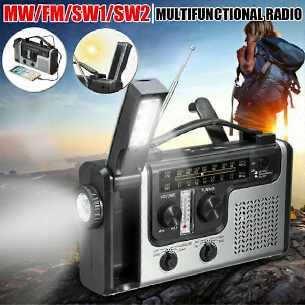 Multifunktionell Utomhus Solradio Portabel FM / AM Radio Inbyggd Högtalare Stöd LED Nödficklampa Bordslampa