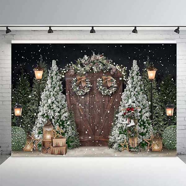 7x5ft Julebaggrund Vinter Juletræ Gave Ferie Snelandskab Fotograferingsbaggrund Trædør Julekrans Bord