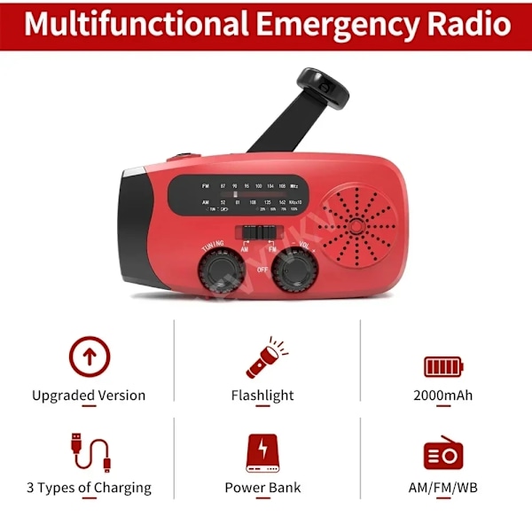 Kammen pyöritysradio aurinkokennolla, LED-taskulampulla ja 2000mA varavirtalähteellä SOS