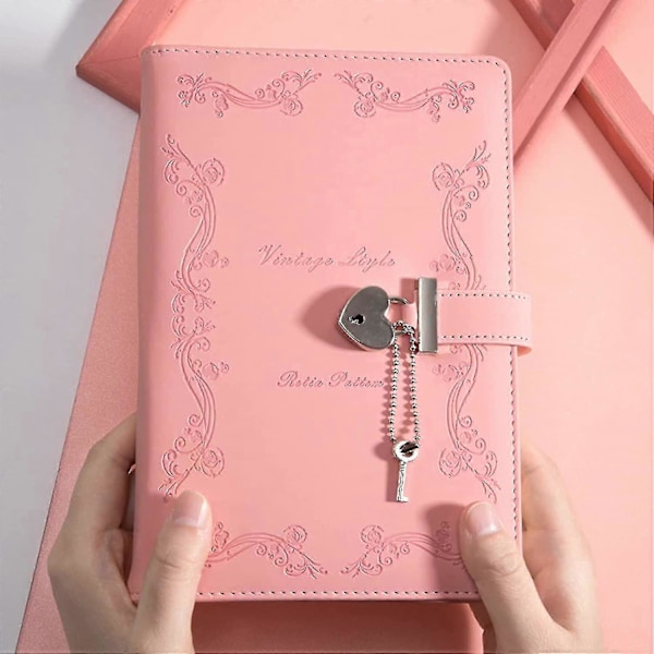 Dagbog med lås og nøgle til piger, tyknet, 360 sider, læder, hjerteformet låsbar journal, sød låst hemmelig dagbog, notesbog til kvinder, voksne, A5 (pink