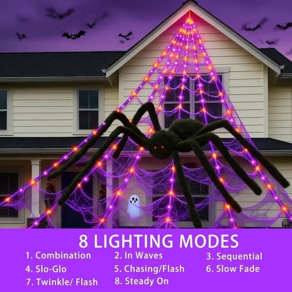 Halloween-dekoration - 5M edderkoppespind LED-lyskæde med 250 LED-lys og sort edderkop til hjem og have