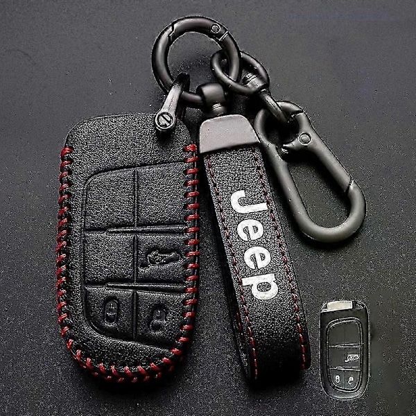 Høykvalitets nytt bilnøkkeldeksel i lær kompatibelt for Jeep Renegade Compass Grand Cherokee kompatibelt for Chrysler 300C Wrangler tilbehør B-black