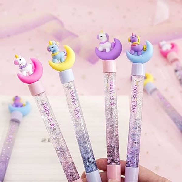 4 stk. Søde Enhjørninge Kuglepenne Stationery Sæt, Flerfarvet Glitter Flydende Sand Kuglepen til Piger Drenge Børn Gaver, Sort Blæk, (0,5 mm)