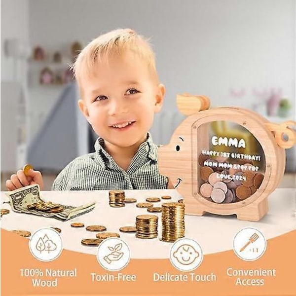 Puinen säästölipas, söpö rahalaatikko pojille ja tytöille, lasten syntymäpäivälahja ja koriste