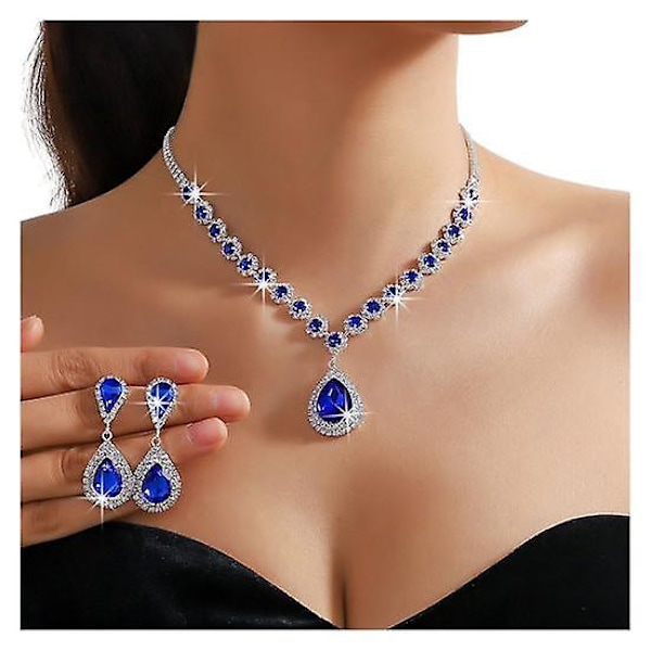 2 stk./sæt Dame Bryllupssmykkesæt Vanddråbeform Skinnende Imitationskrystal Choker Halskæde Hængeøreringe Sæt royal blue