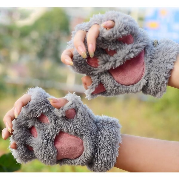 Kattepotehandsker Søde tegneseriekatpigers åbne fingerhandsker fortykkede varme fnug Bjørnepote halvfingerhandsker om vinteren grey