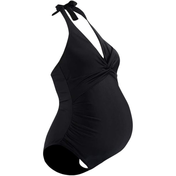Maternity Swimwear One Piece Halter Pregnancy Swimsuit Solid Bathing Suit with Drawstring Adjustable Black(M