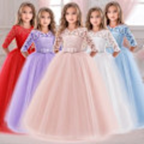 Tyttöjen pitkähihainen juhlamekko Tyttöjen häämekko Kesäinen iltapuku Pitsinen prinsessamekko pink 170cm