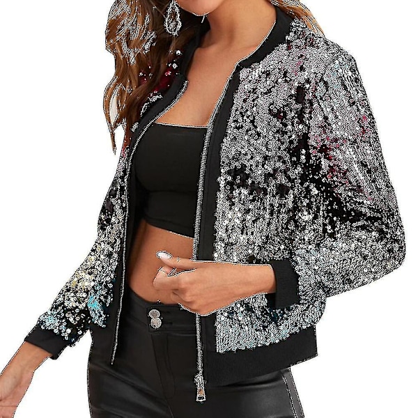 Trend Crop Toppjakke med Paljettdetaljer for Dame, Knapper, Nattklubb-YUHAO