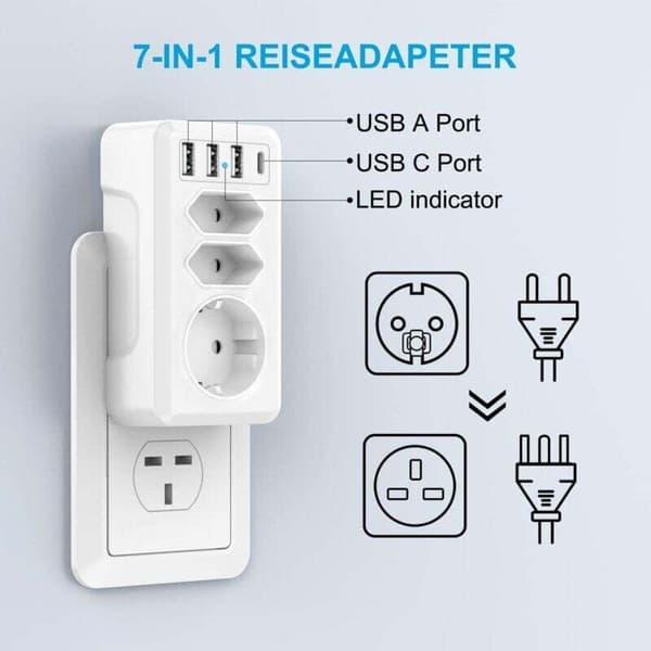 7-i-1 reseadapter med 3 USB- och USBC-portar, brittisk adapter, brittisk kontakt, brittisk typ G-adapter