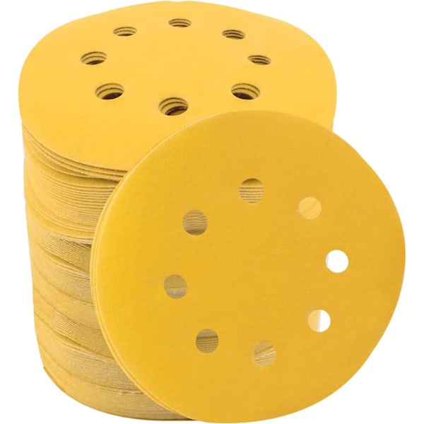 5 tums sliprondeller, 320 korn sandpapper 8 hål kardborre slipdynor excenterslip slippapper, 100-pack