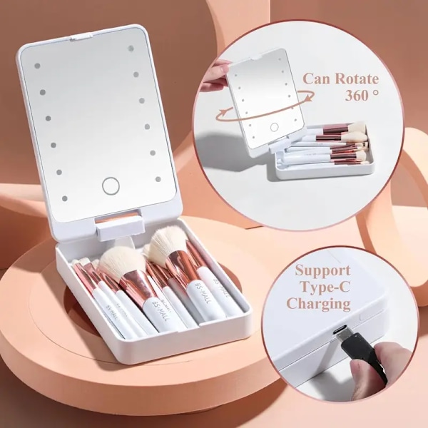 Rese Sminkborstset Foundation Puder Concealers Ögonskuggor Sminkset med LED-ljus Spegel 14 st Mini Sminkborstar (APINK)