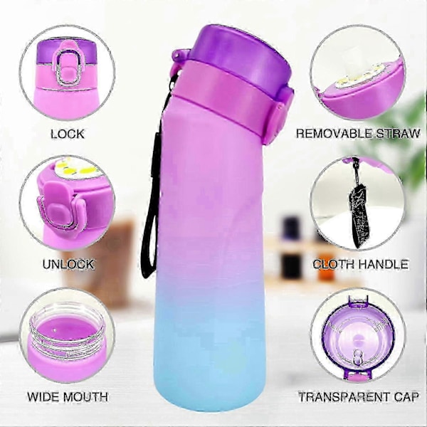 Luftvattenflaska med 5 smakpods, 750ml Sportluftvattenflaska med sugrör, Läckagesäker drickflaska med fruktarom för utomhusgym ( Gradation Purple