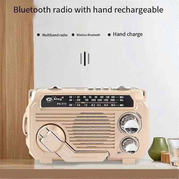FM AM SW Radio Solopladning Nødradioer Modtager Håndsving Bluetooth 5.2 Understøtter TF USB Guld