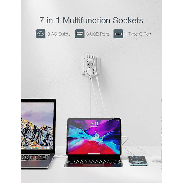 Stikkontaktadapter, USB-kontakt 7 i 1 Multikontakt med 2 Euro-kontakter 1 Schuko