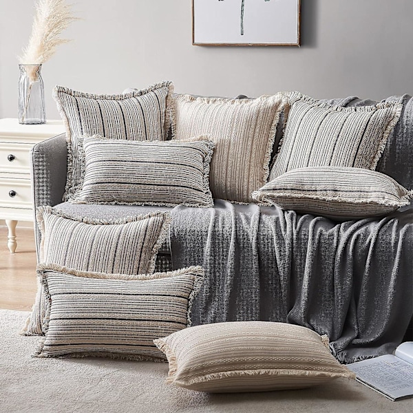 Bondegård Marineblå Striper Pynteputetrekk Med Dusker Sett Med 2 18x18, Moderne Aksent Dekorative Frynsete Putetrekk, Boho Teksturert Linpute