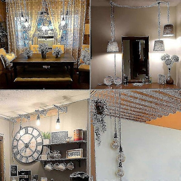 DIY Hengelampe med hamptau, tekstilkabel, 3E27-lampe med bryter og støpsel, retrolampe 9 meter kabel, lampe for spisebord, kafé, Li