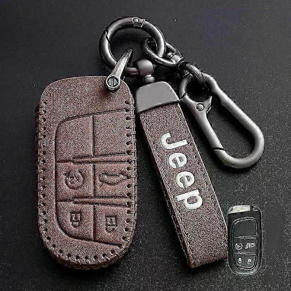 Højkvalitets Nyt Læder Bilnøgle Cover Etui Fob kompatibel til Jeep Renegade Compass Grand Cherokee kompatibel til Chrysler 300C Wrangler Tilbehør C-brown