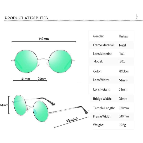 Vintage runde John Lennon polariserede solbriller til mænd Kvinder Circle Hippie Solbriller Green Lens-sliver Frame