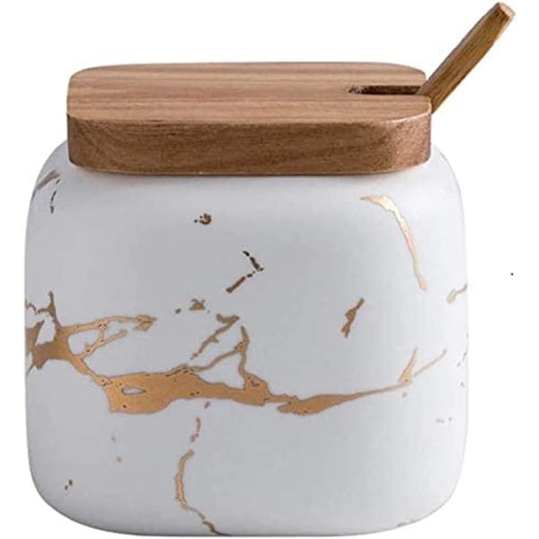 MAGICVOGEL Krydderkrukke i keramikk med marmorlook 360 ml - Med lokk og skje - 9 x 8,7 cm - Hvit