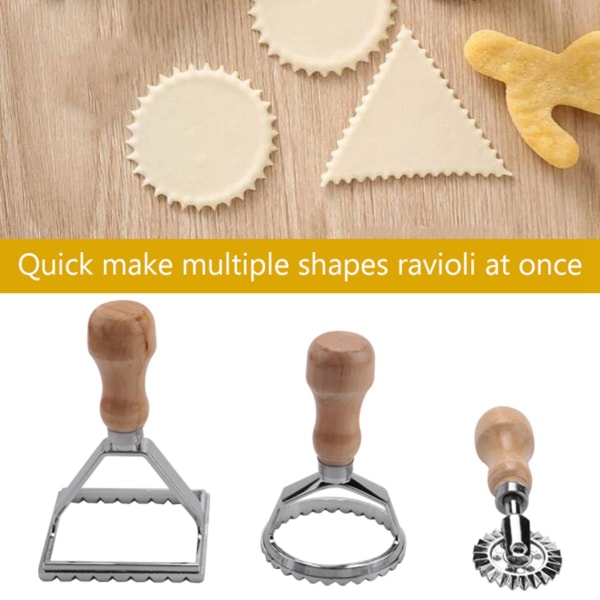 Ravioli Stamp Maker Cutter med rullehjulsæt, form med træhåndtag til riflet kant, pasta pr. wood color  silver