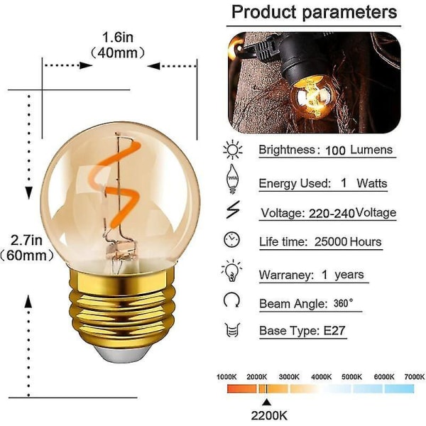 40 E27 Led Retro Edison Filamenttilamppu Mini Lobe 1w Oranssi lasispiraalilamppu 220v Fr Outdoor String Lights, Caf Lights, Christmas Lights Su