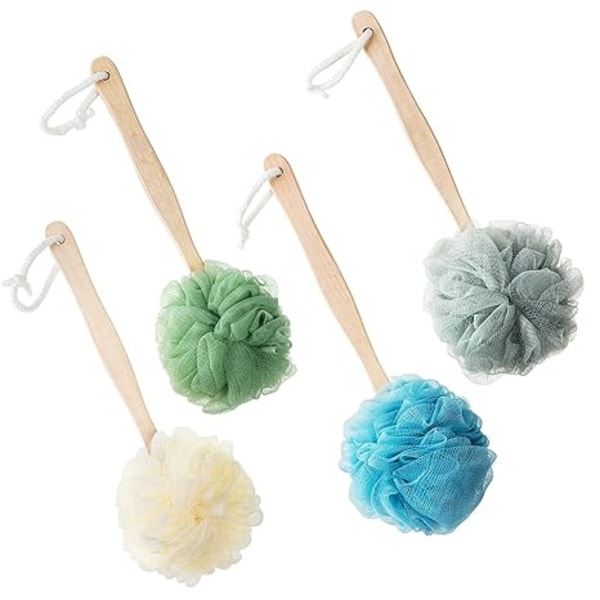 4-pack Stora Badsvampar med Långt Handtag, Duschsvamp, Ryggborste för Spa, för Kvinnor och Män (4 Färger)