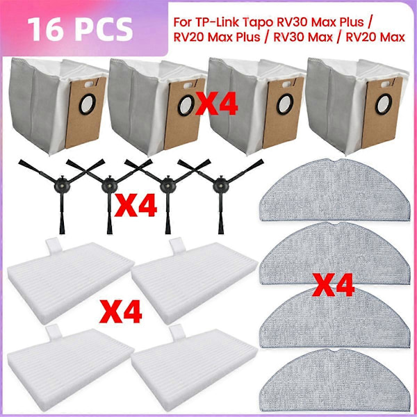 Til RV30 / RV20 / RV30 Max / RV20 Max Dele Støvpose Hepa Filter Sidebørste Moppeklud