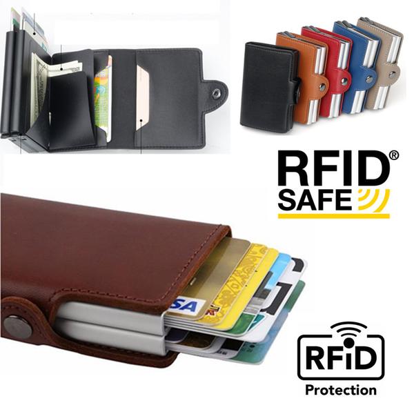 Dobbel anti-tyveri lommebok RFID-NFC sikker POP UP-kortholder Brown Coffee Brun