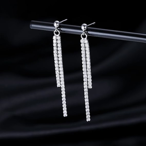 Sterling Sølv Krystal Rhinestone Lineære Hængeøreringe til Kvinder Teenagere Piger CZ Lange Hængeøreringe Bryllup Kvast Kæde Ørestikker