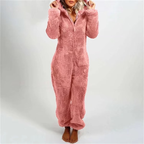Dam Vinter Fluffy Fleece Hooded Allt i en Jumpsuit Pink L