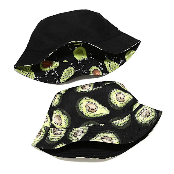 Unisex Vendbar Avokado Print Bøttehatt Solhatt For Menn Kvinner A Black