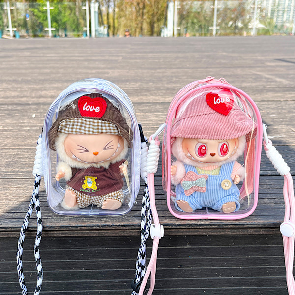 /NN/ Lämplig för LABUBU promenadväska bomulls docka pvc transparent crossbody väska dammtät förvaringsväska (Docka ingår ej) Pink bag + shoulder strap