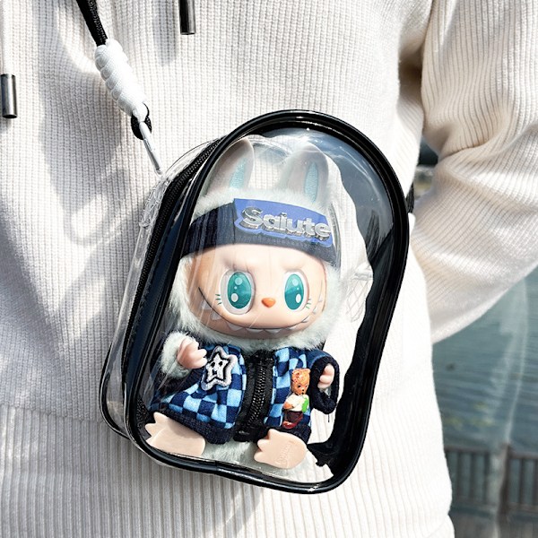 /NN/ Lämplig för LABUBU promenadväska bomulls docka pvc transparent crossbody väska dammtät förvaringsväska (Docka ingår ej) Black bag + shoulder strap