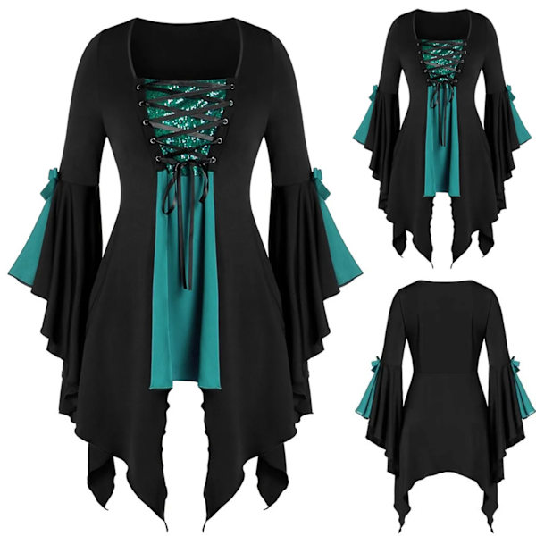 Viikinki-piratti cosplay-asu Halloween-noitapuku keskiaikainen steampunk naisten off shoulder t-paita sideliivi XXL XXL Green