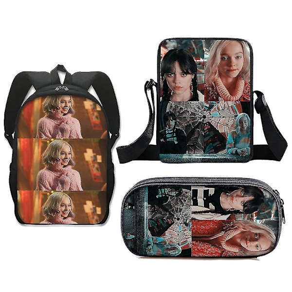 3-delt sett Wednesday Adams skoleveske Ryggsekk + pennal + liten veske - Perf Style 2