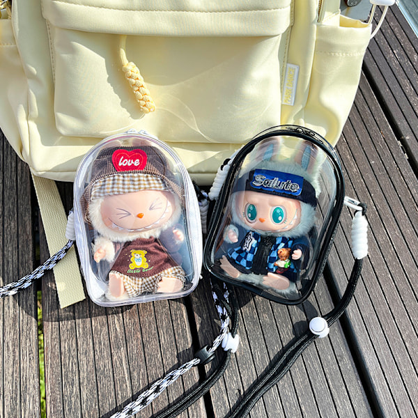 /NN/ Lämplig för LABUBU promenadväska bomulls docka pvc transparent crossbody väska dammtät förvaringsväska (Docka ingår ej) Black bag + shoulder strap