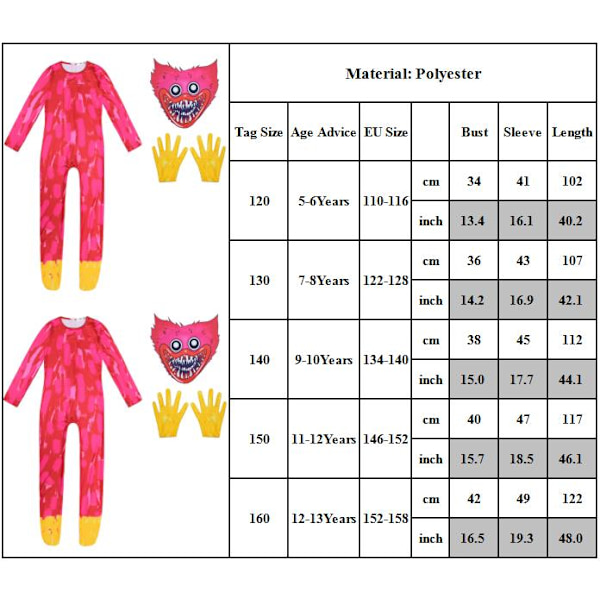 Poppy Playtime Huggy Wuggy Cosplay Kostyme Jumpsuit + Hansker Z 150Y