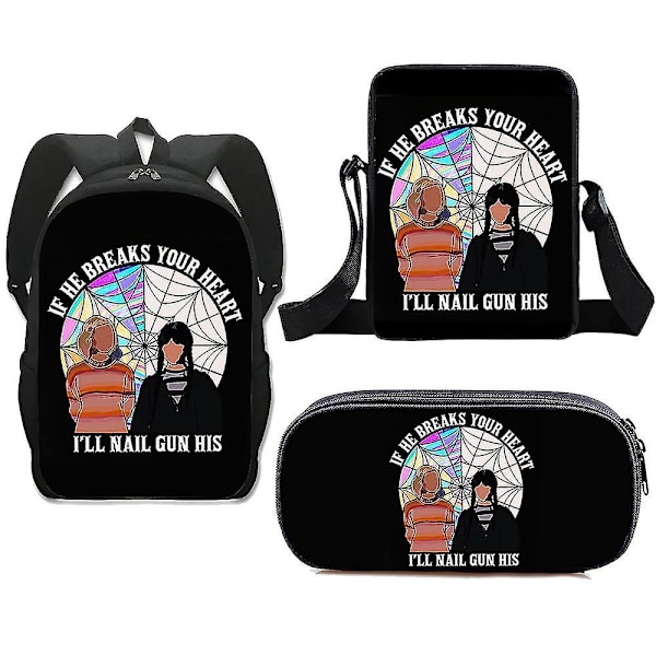 3-delt sett Wednesday Adams skoleveske Ryggsekk + pennal + liten veske - Perf Style 3