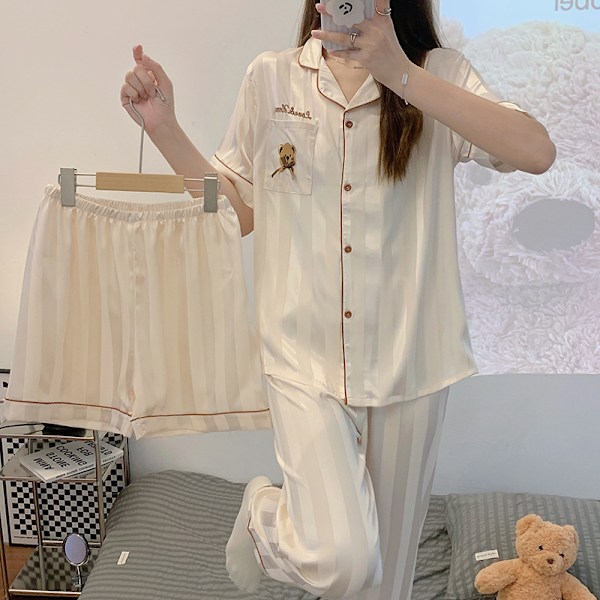 (Koko XL) Pehmeä Jääsiikkinäinen Lyhythihainen Pyjama Kolmiosainen Setti Naisille
